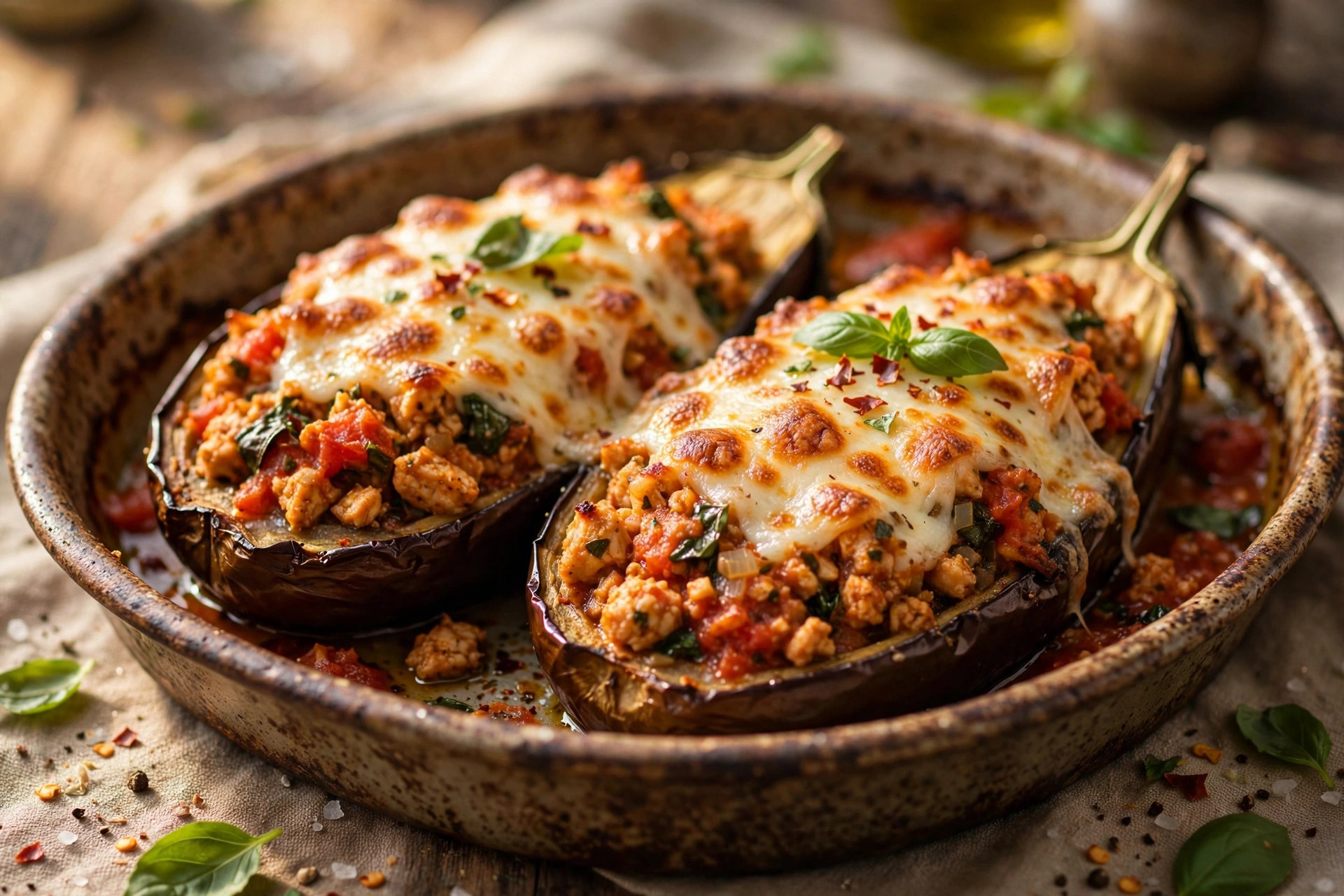 Aubergines farcies au poulet