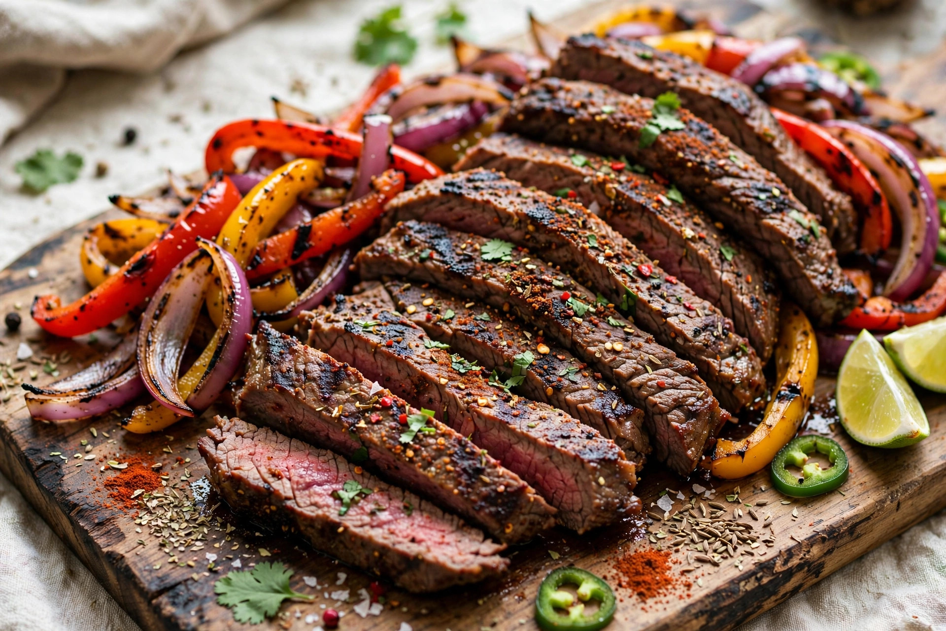 Bifteck de flanc assaisonné d'épices avec légumes style fajita
