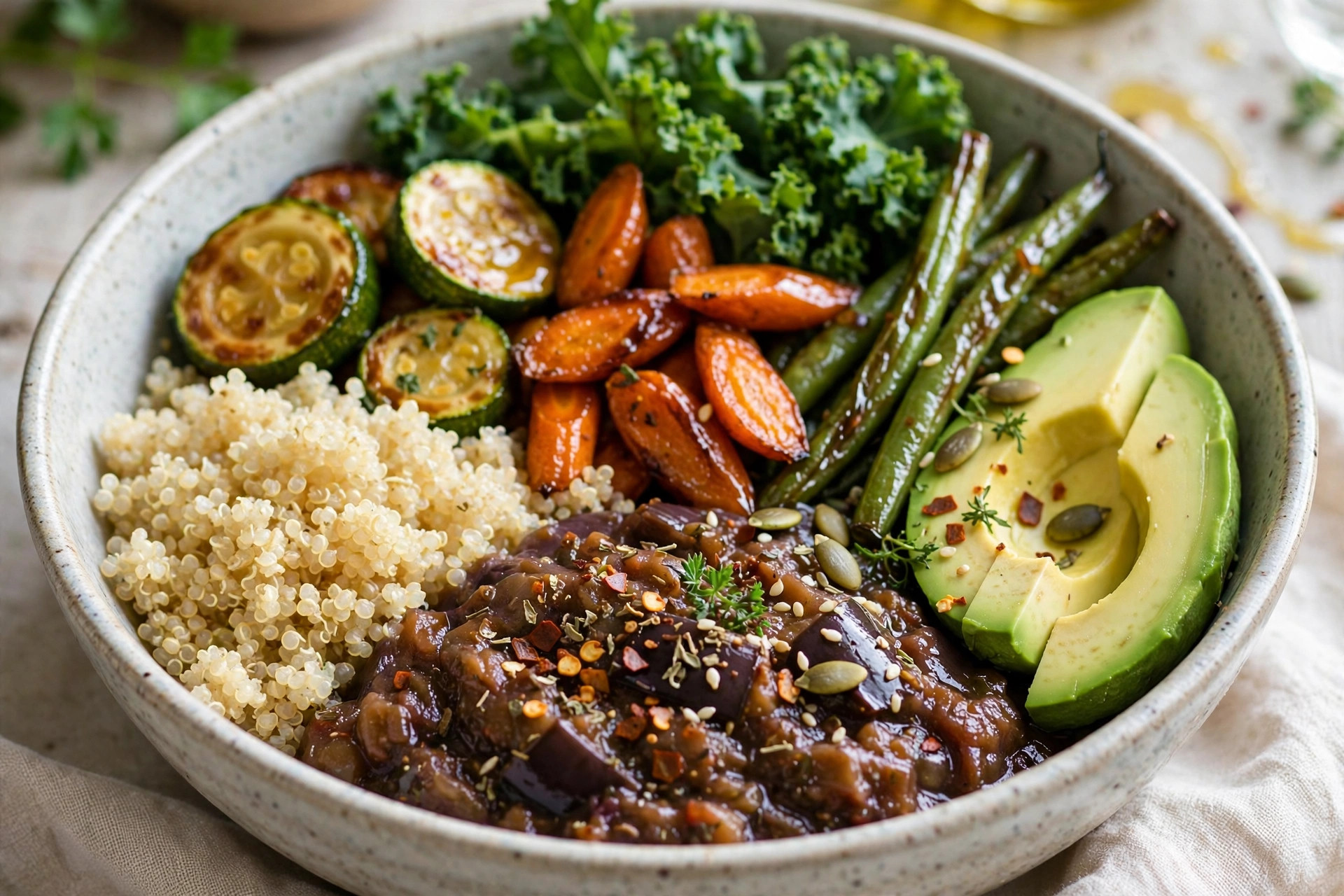 Bol de quinoa, compotée d'aubergine & légumes au miel